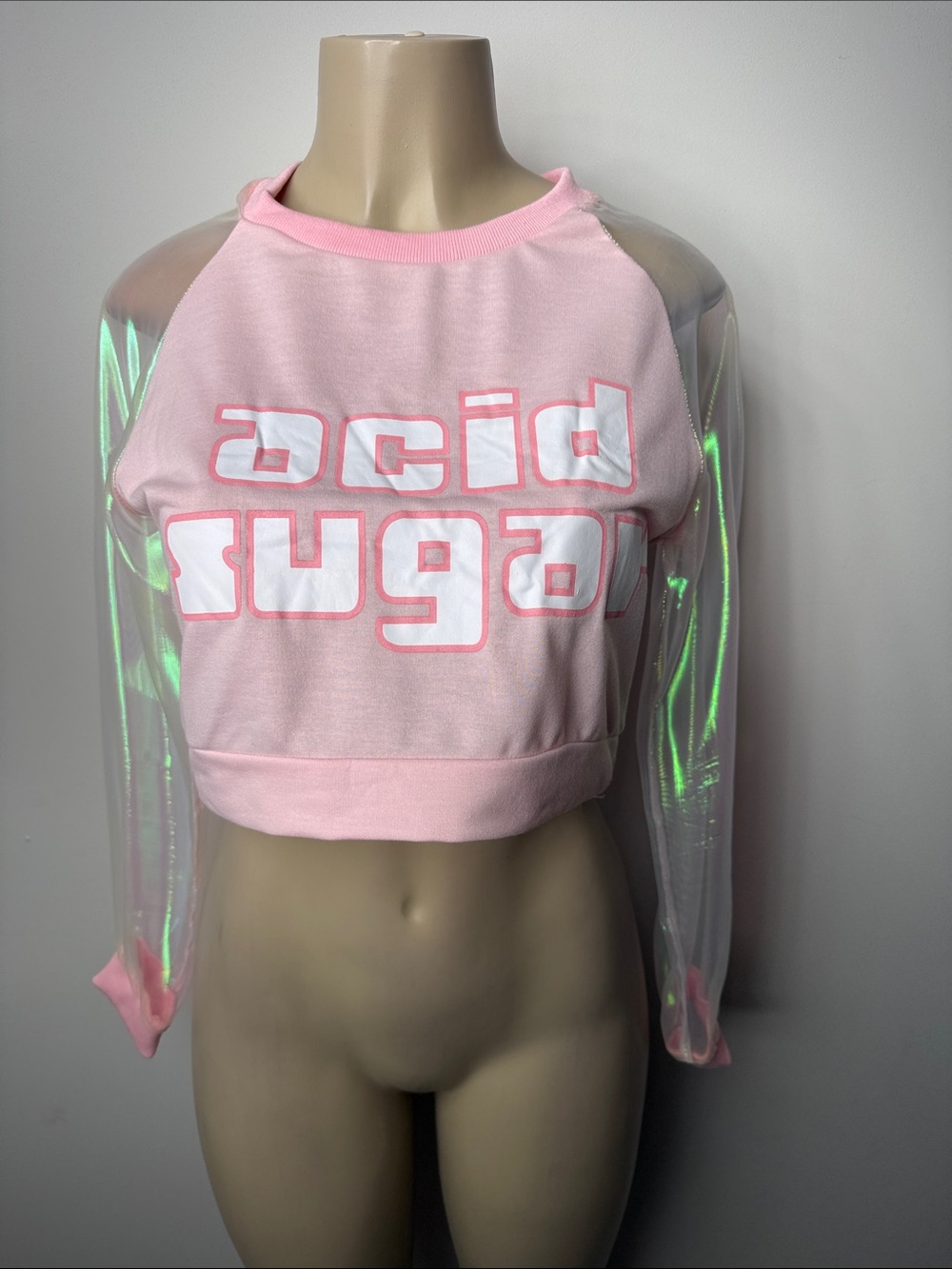 Pink Cropped 'Acid Sugar' Hoodie with Sheer Iridescent Sleeves